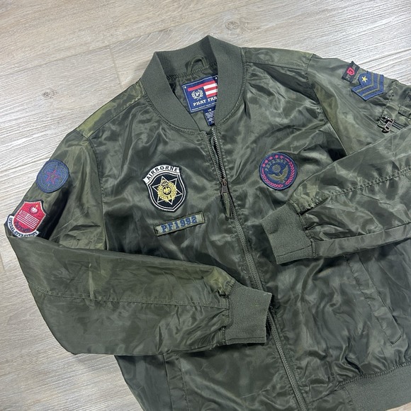 Vintage Phat Farm Bomber Jacket Mens Large Airborne Patches Dark Green Full Zip - Picture 2 of 15